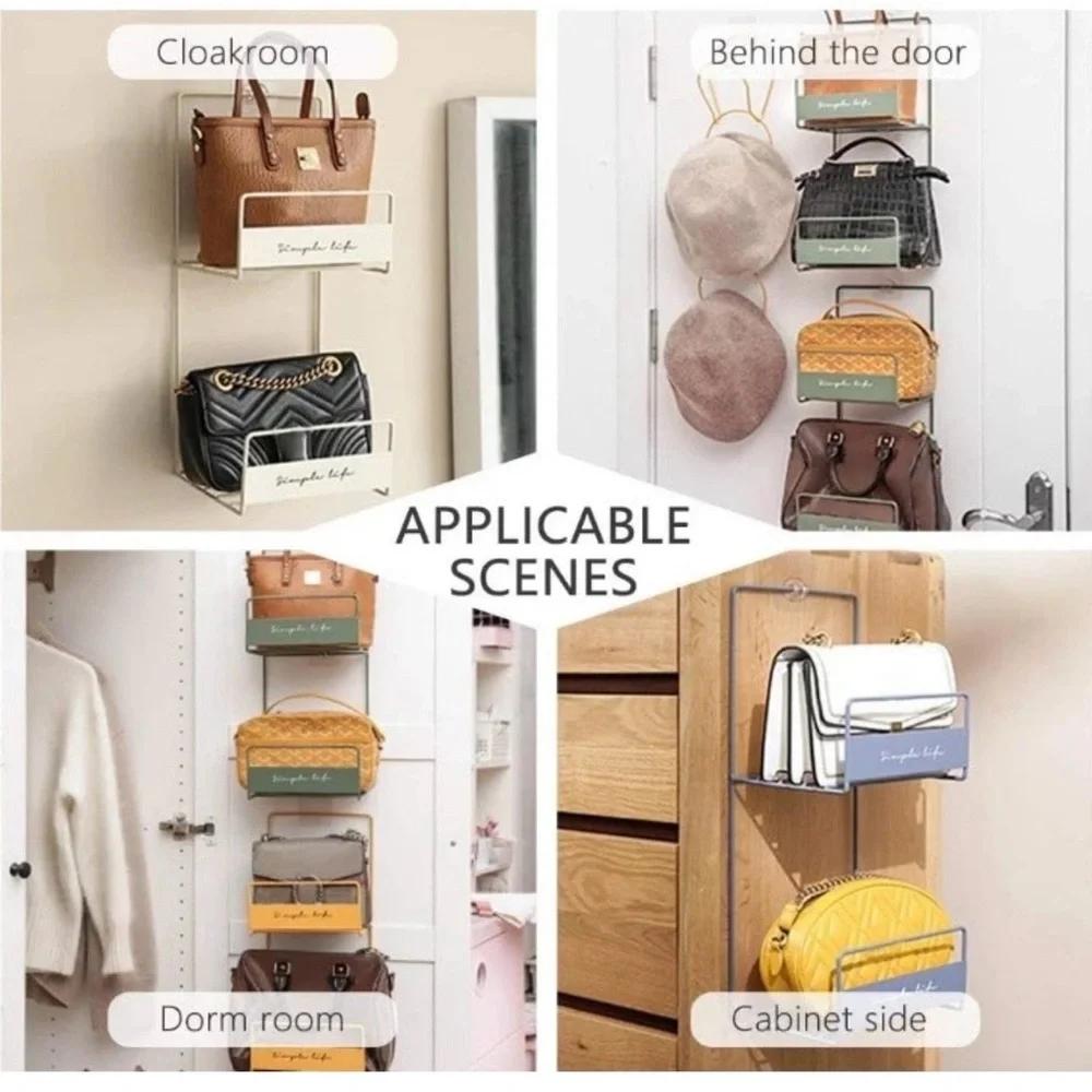 2 Tier Metal Hanging Purse Organizer Rack Closet Door‎ Handbag Holder Cream